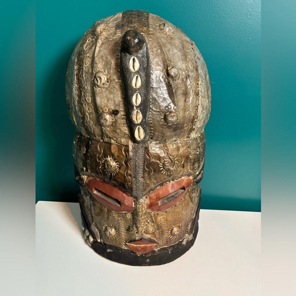 Artisan Kuba Handcrafted Carved Tribal Mask with Shell Details